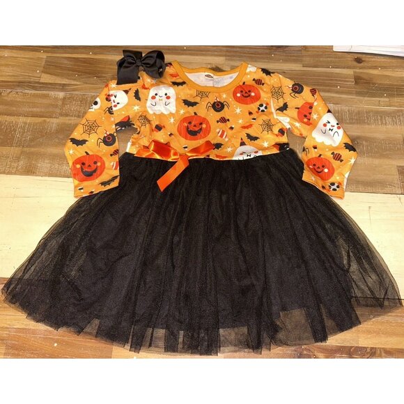 toddler Pumpkin Halloween Ghost Dress & Bow NWT Size 3t 4t black tutut - Picture 1 of 6
